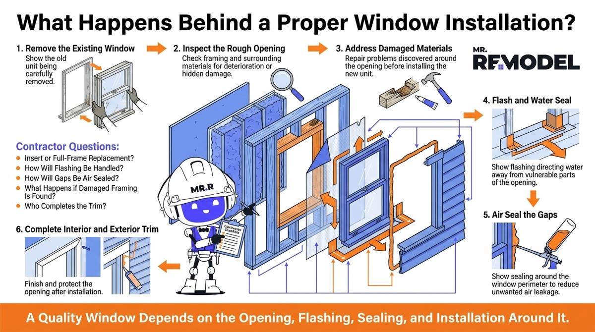 Infographic Title: What Happens Behind a Proper Window Installation? Internal Strategic Purpose: Show homeowners that window replacement involves the entire opening, not simply putting a new window into the wall. Do not include this text in the infographic. Visual Layout: Create a large architectural exploded-view diagram of a replacement window and exterior wall. Pull the layers apart slightly so homeowners can see the window unit, rough opening, flashing, air sealing, water-management components, framing, and trim. Arrange six numbered installation stages around the exploded diagram with directional arrows showing the correct sequence. Strict Asset Instructions: Color System: • Orange (#EF8C1D) for installation steps, flashing paths, sealing locations, and critical inspection points. • Blue (#5044FF) for wall layers, structural framing, callout panels, and framework elements. • Black for body text and captions. • White for backgrounds and whitespace. Color Balance: • 60% White • 20% Blue • 15% Orange • 5% Black Logo Integrity: • Place the official Mr. Remodel logo in the upper-right corner. • The logo must remain completely unchanged. • Do NOT redraw, recolor, crop, distort, stylize, or create alternate versions. Robot Mascot Integrity: • The Mr. Remodel Robot mascot must remain completely unchanged and fully recognizable. • Only pose changes are permitted. Layout Safety: • The logo and robot must never overlap text or graphics. • The robot should feel naturally integrated into the composition. Installation Sequence: 1. Remove the Existing Window Show the old unit being carefully removed. 2. Inspect the Rough Opening Check framing and surrounding materials for deterioration or hidden damage. 3. Address Damaged Materials Repair problems discovered around the opening before installing the new unit. 4. Flash and Water Seal Show flashing directing water away from vulnerable parts of the opening. 5. Air Seal the Gaps Show sealing around the window perimeter to reduce unwanted air leakage. 6. Complete Interior and Exterior Trim Finish and protect the opening after installation. Contractor Questions: Insert or Full-Frame Replacement? How Will Flashing Be Handled? How Will Gaps Be Air Sealed? What Happens if Damaged Framing Is Found? Who Completes the Trim? Bottom Banner: A Quality Window Depends on the Opening, Flashing, Sealing, and Installation Around It. Robot Mascot Action: Position the robot beside the exploded wall diagram inspecting the flashing and rough opening with a contractor checklist.